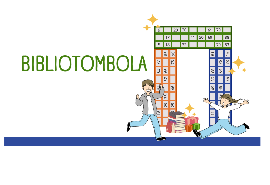 Immagine simbolo dell'evento "BiblioTombola", composta da tre tessere della tombola, due bambini e alcune decorazioni.