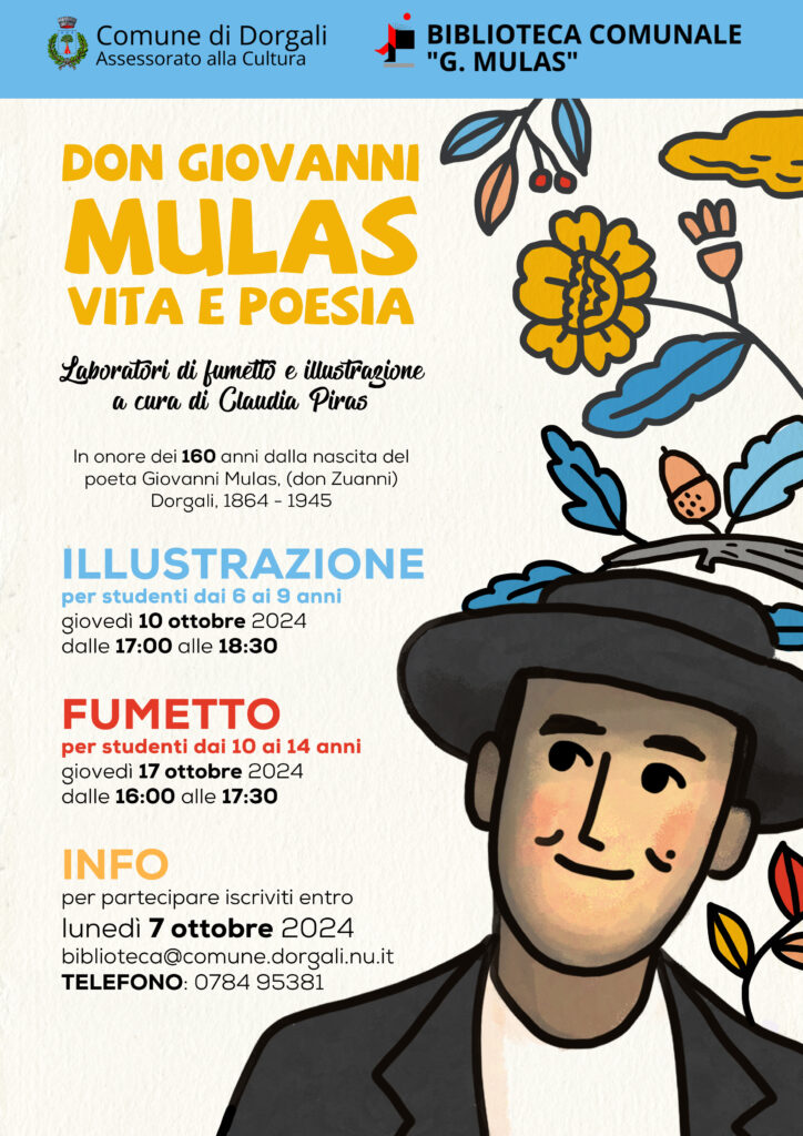 La locandina di presentazione dei laboratori contenente un'illustrazione di Giovanni Mulas e le informazioni principali per la partecipazione.